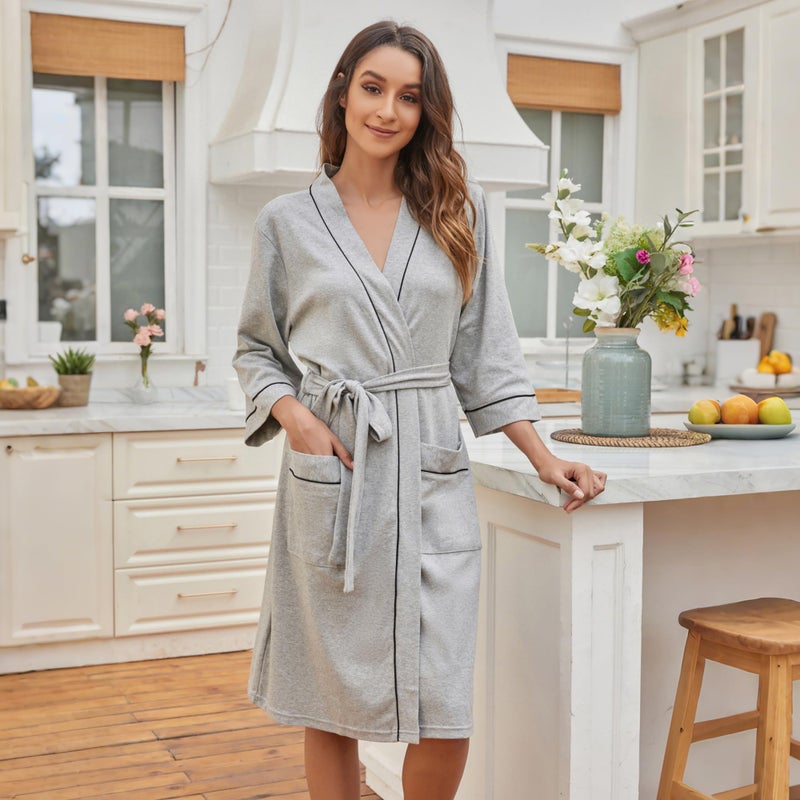 HEARTNICE Womens Cotton Robe, Soft Kimono Spa Knit Long Bathrobe Lightweight Loungewear(Grey mel.,S) - Image 2